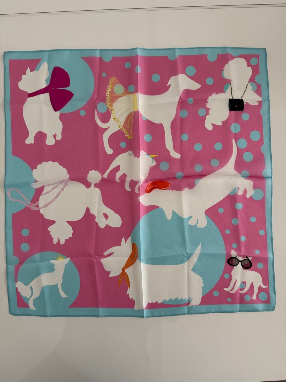 100% Silky Pink & Aqua Dog Pattern Bandana Scarf